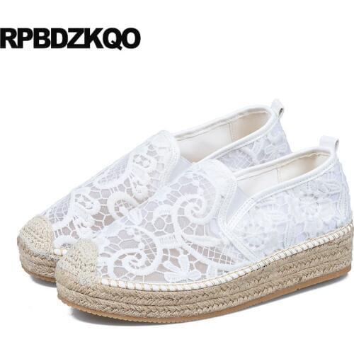 Black Women Lace Straw Designer Latest Mesh Hemp White Creepers Platform Shoes Espadrilles Summer Elevator Flats Thick Sole