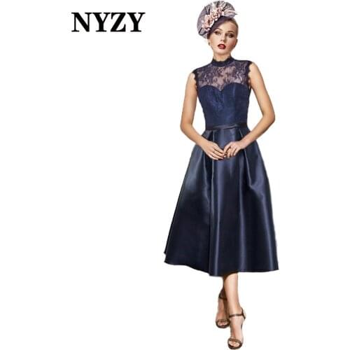 NYZY M394 Elegant High Neck Sleeveless Navy Blue Mother of the Bride Dresses 2021 Short Party Dress Prom Cocktail Evening Gowns
