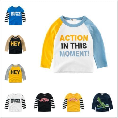 100% Cotton Long Sleeve T Shirt Spring Letter Cartoon T shirts for Boys Girls Casual Tees Spring Autumn Children Kids Clothes