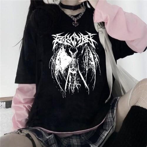 Kawaii Harajuku Women Long Sleeve T-shirt kpop Lightning print Goth Punk Fake Two-piece Top Y2k Pink Cotton Fashion Casual Wear
