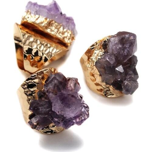Unpolished Raw Natural Quartz Purple Crystal Cluster Rrings for Women 1pcs