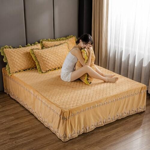 2020 new products Thickened Quilted Baby velvet Bed spread Fitted Sheet Pillowcases 2/3 pcs embroidery lace Princess bedding