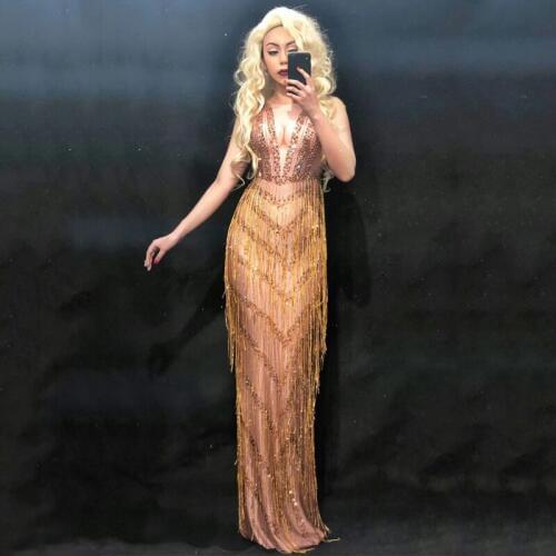 New Sexy woman singer Nighclub Stage Gold Tassel Sparkling Crystals Diamond Dress Party gogo Dancer Costumes Bling