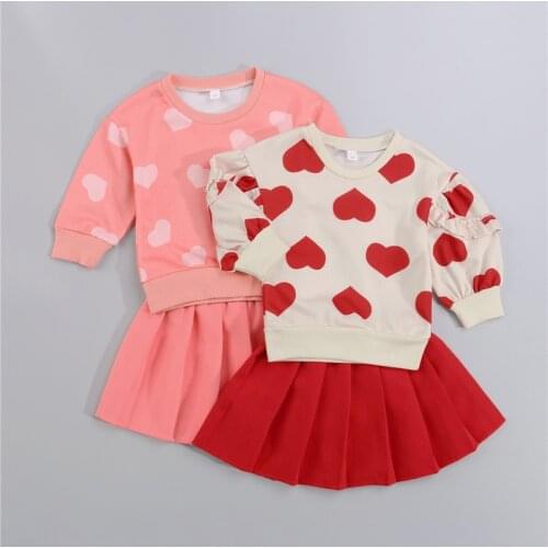 2-6Y Autumn Fashion Kids Girls Clothing Sets Children Baby Girls Long Sleeve Heart Sweatshirts+Pleated A-line Skirts Outfits