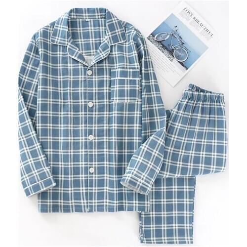 Spring and autumn mens pajamas long-sleeved trousers cotton double gauze lattice large size suit home service mens pajamas suit