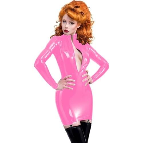 Women Novelty PVC Dress with Garter Belt Long Sleeve Mini Dress Bodycon Front Zipper Wet Look Pencil Dresses Plus Size Clubwear