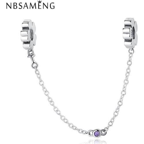 Authentic 925 Sterling Silver Bead Charm Wildflower Meadow Safety Chain Charm Fit Original Bracelets DIY Charms Jewelry