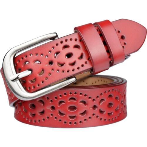 Women Fashion Wide Genuine Leather Belt Floral Carved Cow Skin Belts for Jeans Top Quality Vintage Ceinture Femme Female Straps