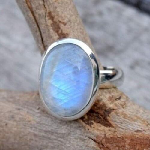 Luxury Silver Plated Natural Gem Ring Rainbow Moonstone Ring Bridal Wedding Engagement Exquisite Jewelry Size Us5-11
