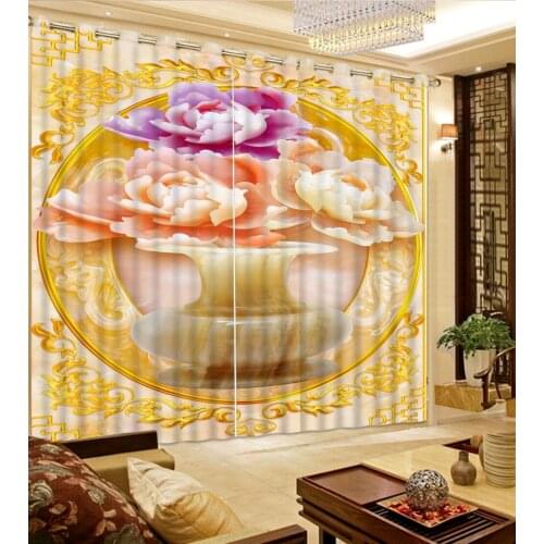 Luxury 3D Blackout Window Curtains flower Jade carving peony flower vase Blackout Shade Window Curtains