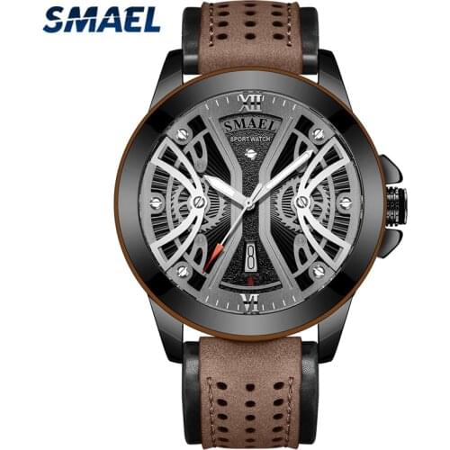 SMAEL Mens Watches New Fashion Sport Leather Waterproof Quartz Watch Men Top Brand Luxury Military Calendar WristWatch