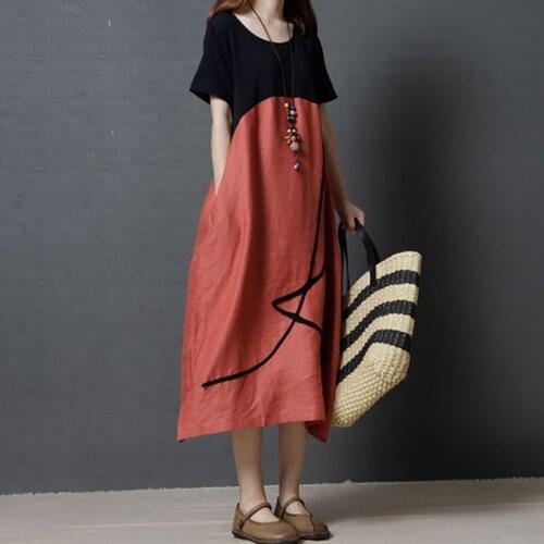 Plus Size Womens Dress 2021Summer New Retro Cotton And Linen Short Sleeve Dress Loose Large Size Splicing Big Swing Dress Hot