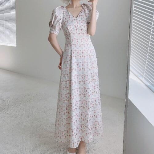 V Neck Puff Short Sleeve Print Woman Dress Summer Fashion Elegant Drawstring High Waist Dresses Vintage Backless Vestidos