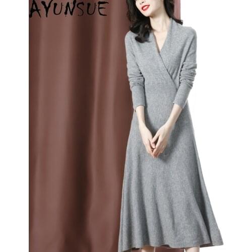 AYUNSUE 100% Wool Knitted Dress Woman Autumn Winter Long Sleeve Dress Elegant Vintage Sweater Dress V Neck 2021 Fashion Women KJ