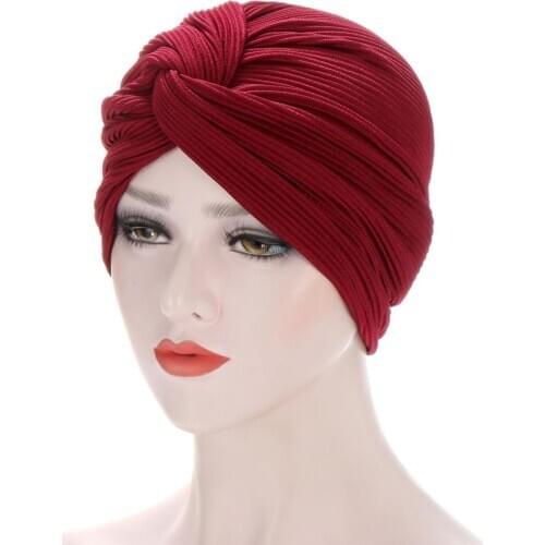 2020 New Women Crinkle Twist Turban Caps Muslim Fashion Stretch Headscarf Bonnet Islamic Hijab Indian Chemo Cap Beanie Hat