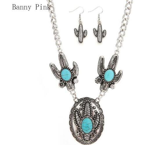 Boho Alloy Aunts Pendant Necklace Earrings For Women Ethnic Synthetic Stone Metal Statement Choker Necklace Fashion Jewelry Set