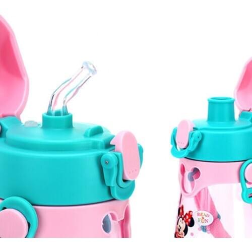 Disney childrens straw cup tritan material double cover child cup summer portable leak-proof sports straight drink strap cup