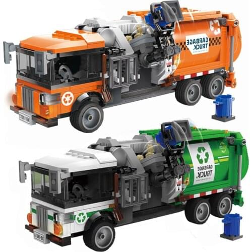 City Town Sanitation Garbage Truck Vehicle Car Building Blocks Kits Bricks Classic Model Kids Assemble Toys For Children Gift