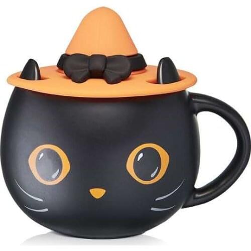 Creative Mystery Black Cat Ceramic Mug Black Matte Mug with Handle Halloween Magic Hat Coffee Cup Water Cup