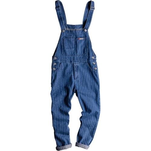 New Mens Male Casual Fashion Stripe Printed Blue Denim bib overalls Suspenders Jumpsuits Coveralls Youth jeans