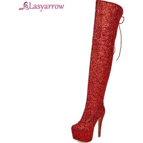 Lasyarrow ultra high heels platform glitter shiny over the knee boots women size 43-48 bling winter thigh high boots party shoes