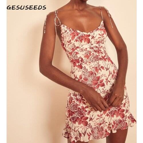 Summer Dress 2021 Sexy V Neck Dress Women Sleeveless Mini Dresses Floral Ruffle Boho Dresses Female A Line Dress Party Vestidos