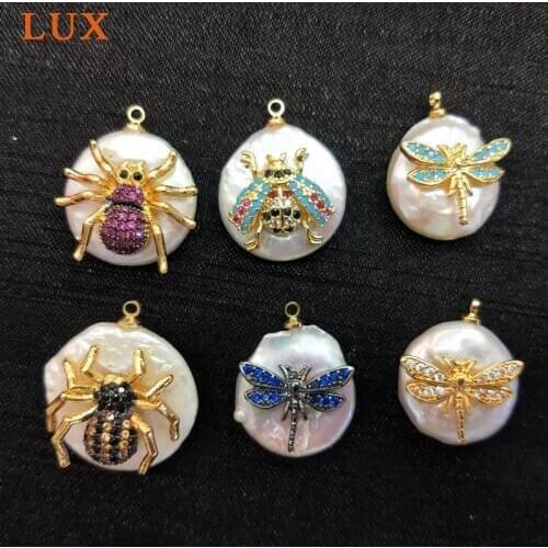 Fashion Gold color Plated Natural White Pearl Charm Pave CZ insect spider dragonfly Pearls Pendants Gems stone Boho Jewelry DIY