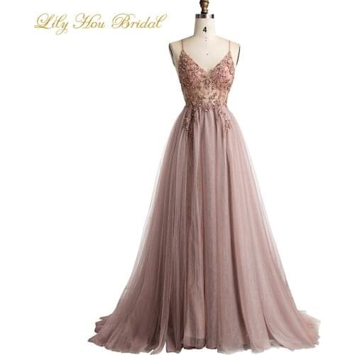 Prom Dresses 2020 Exquisite Beaded Illusion Top Spaghetti Straps Nude Tulle Evening Party Gowns