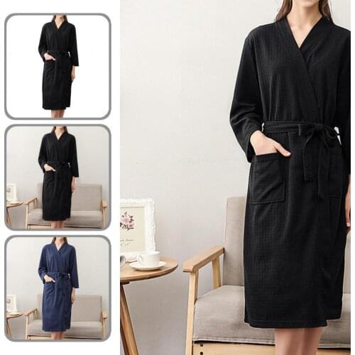 Skin-friendly Grid Texture Solid Belt Color Women Bathrobe for Bedroom