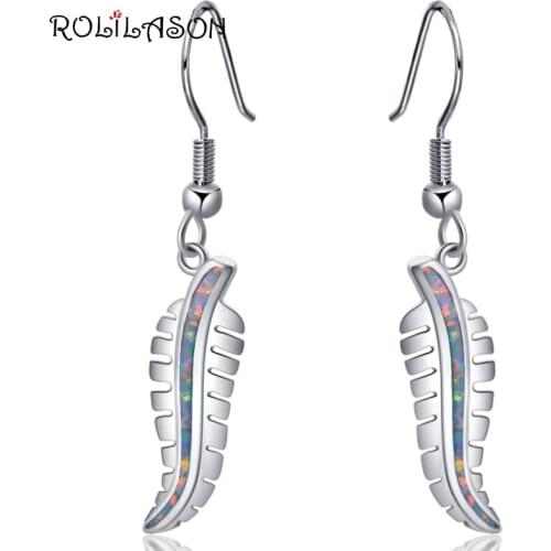 ROLILASON Leaves creative design White Fire Opal Silver Stamped Drop Earrings wedding Fashion Jewelry OE695