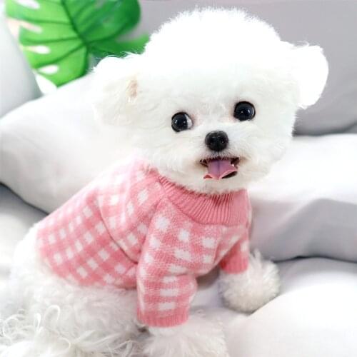 Pink Plaid Dog Knitwear Fall/Winter Puppy Sweater Teddy Bichon Warm Clothes Cartoon Rabbit Pet Home Wear XS-XL