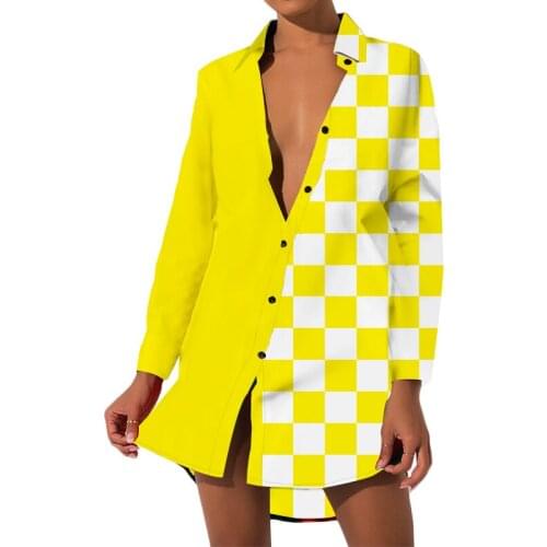 UJWI Yellow And White Plaid Women cloth Classic Casual Fashion Long Sleeve Buttons Lady Square Shirt Top Girl Autumn Shirts 6XL