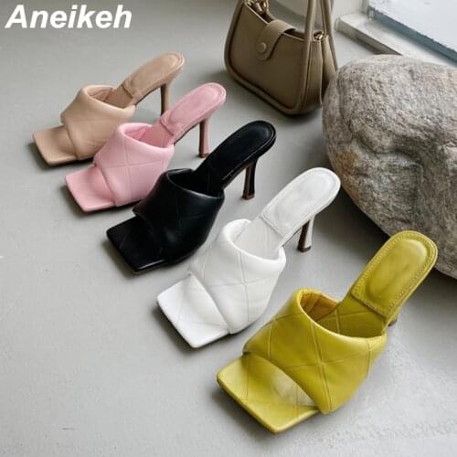 Aneikeh Leisure Sandals Shallow Solid British Style Womens Shoes Square Toe High Heels Punk Slippers Zapatos De Muje NEW Summer