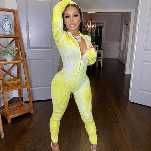 Tie Dye Knit Rib Bodycon Fitness Rompers Womens Jumpsuit Sportswear Long Sleeve Zipper Casual One Piece Jumpsuit Dropshipping