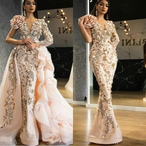 Hand Made Flowers Mermaid Prom Dresses V Neck Long Sleeve Beading Crystal Evening Dress With Detachable Train Party Gowns