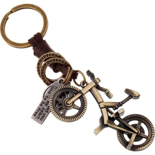 Vintage Fashion Bike Key Chain Metal Bicycle Charm Woven Leather Keyring Car Bag Holder KeyChain for Women Men Punk Jewelry Gift