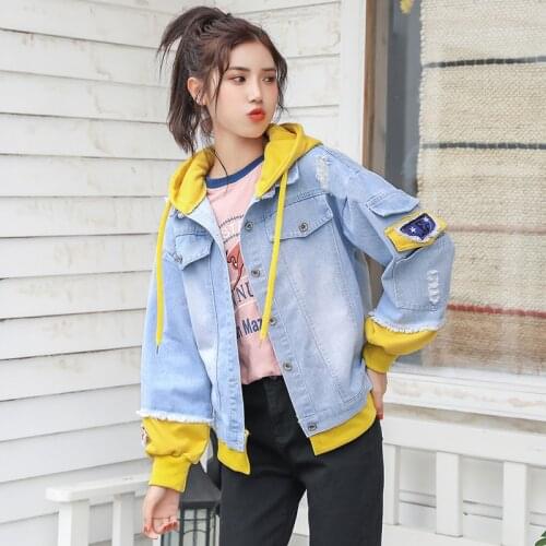 2021 Autumn Winter Hooded Denim Jacket For Women Casual Jeans Jacket Holes Vintage Harajuku Coat Female loose Streetwear Coats