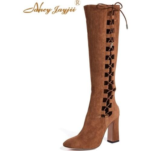 Female Med-Calf Boots Ladies Adult Shoes Lace-Up Cross-Tied Super High Square heels Pointed Toe Zipper Winter Fashion Concise