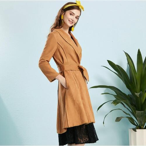 Women Autumn Spring Long Faux Leather Suede Trench Fall Ladies Fashionable Slim Faux Suede Coat Female Outwear Windbreaker