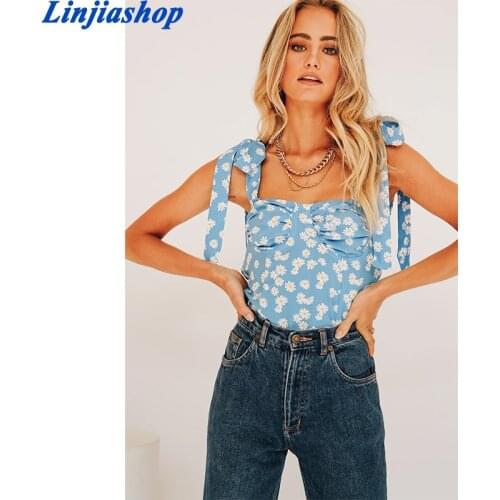 Daisy Floral Print Sexy Low Cut Summer Crop Top Women Tied Strap Backless Floral Print Casual Top