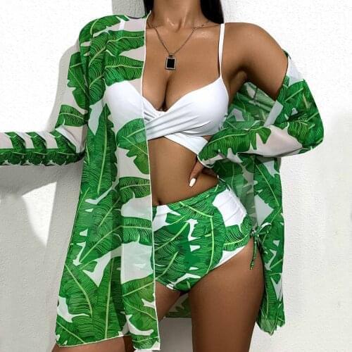 Women Sexy Green Feather Long-Sleeved Sunscreen Strappy Split Swimsuit