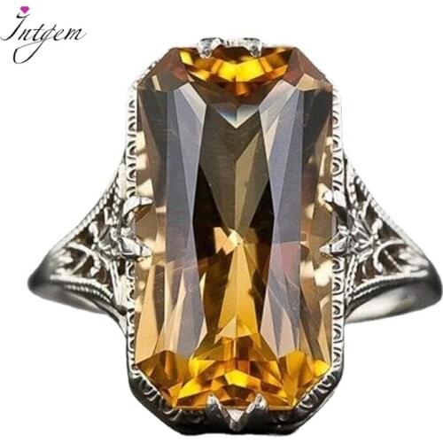 Citrine Hollowed-out Carved 925 Silver Rings Fashion Exaggerated Silver Hand Jewelry For Women Party Wedding Gemstone Ring Gift