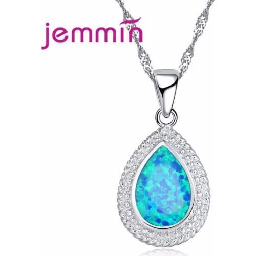 Shiny Water Drop Design Pendant Necklace Blue Fire Opal 925 Sterling Silver Jewelry Fahion Women Chain Necklace