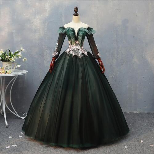 100%real carnival fairy dark green embroidery court medieval dress renaissance Gown queen Victorian /Marie/ Belle Ball/ball gown