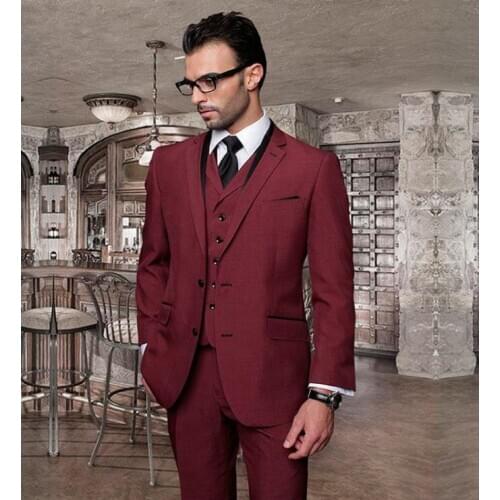 2021 Fashion Style Men Suit New Slim Fit Groom Tuxedos Burgundy Best Formal Business Wedding Grooms 3pcs(Jacket+Pants+Vest)