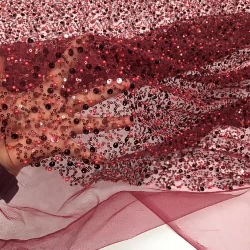 5yards/pc) High quality wine red African French net lace fabric beaded sequins embroidered tulle lace for party dress FSS314