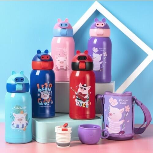 520ml Baby Pig Feeding Cup Stainless Steel Milk Thermos for Children Insulated hot water Bottle leak-poof thermal Cup