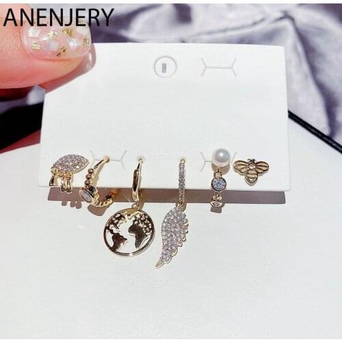 ANENJERY 6 pieces/set 925 Sterling Silver Eye Bee Earrings Set Micro-inlaid Zircon Wing Earth Earrings Korean Creative Jewelry