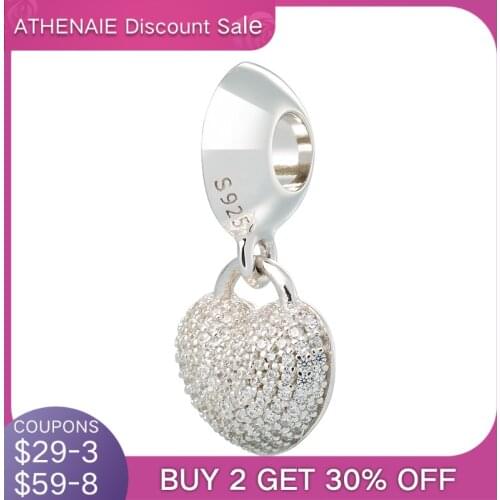 ATHENAIE 925 Silver with Pave Clear CZ Heart Lock Love Mother Love Daughter Pendant Charm Beads Fit Bracelets