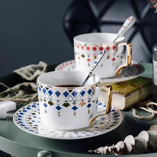 British Luxury Moroccan Coffee Cup and Saucer Set with Gold edge Ceramic Cappuccino Afternoon Tea Cup 260ml Party Drinkware